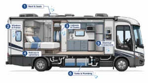 RV interior diagram with moisture spots